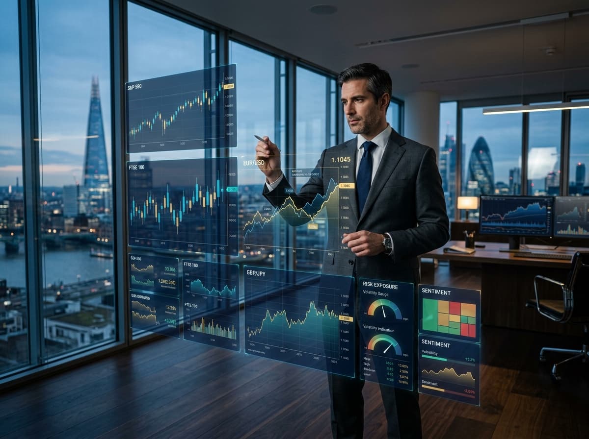 Financial analyst interacting with holographic market data and risk models