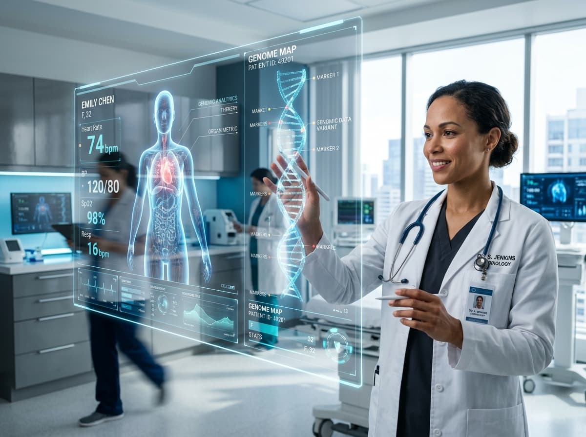 Doctor reviewing 3D holographic medical diagnostics and patient analytics