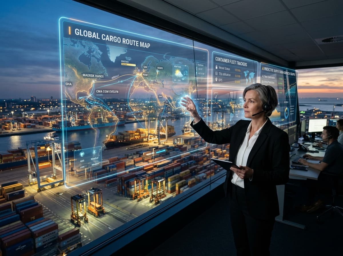 Logistics director monitoring automated shipping routes and container fleet telemetry