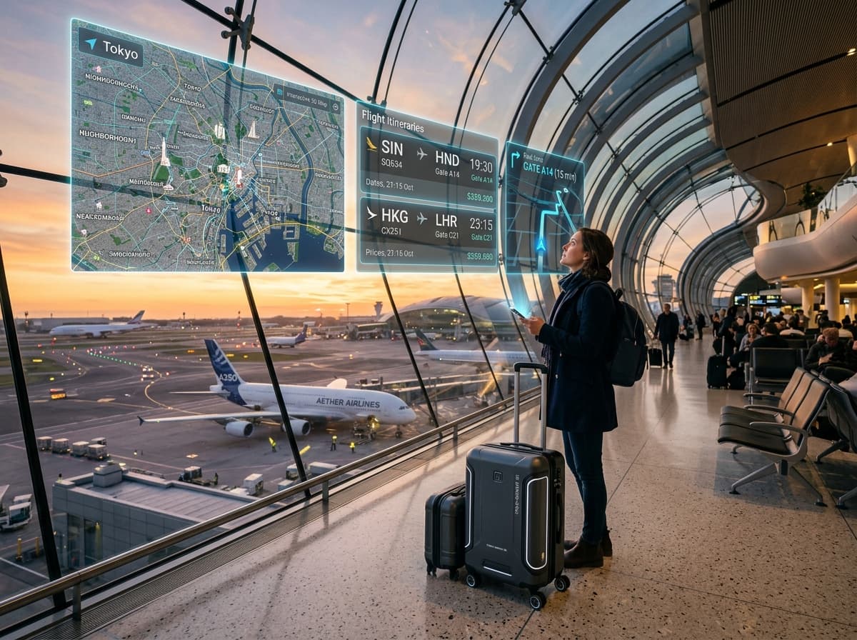 Traveler interacting with holographic flight itineraries and airport navigation